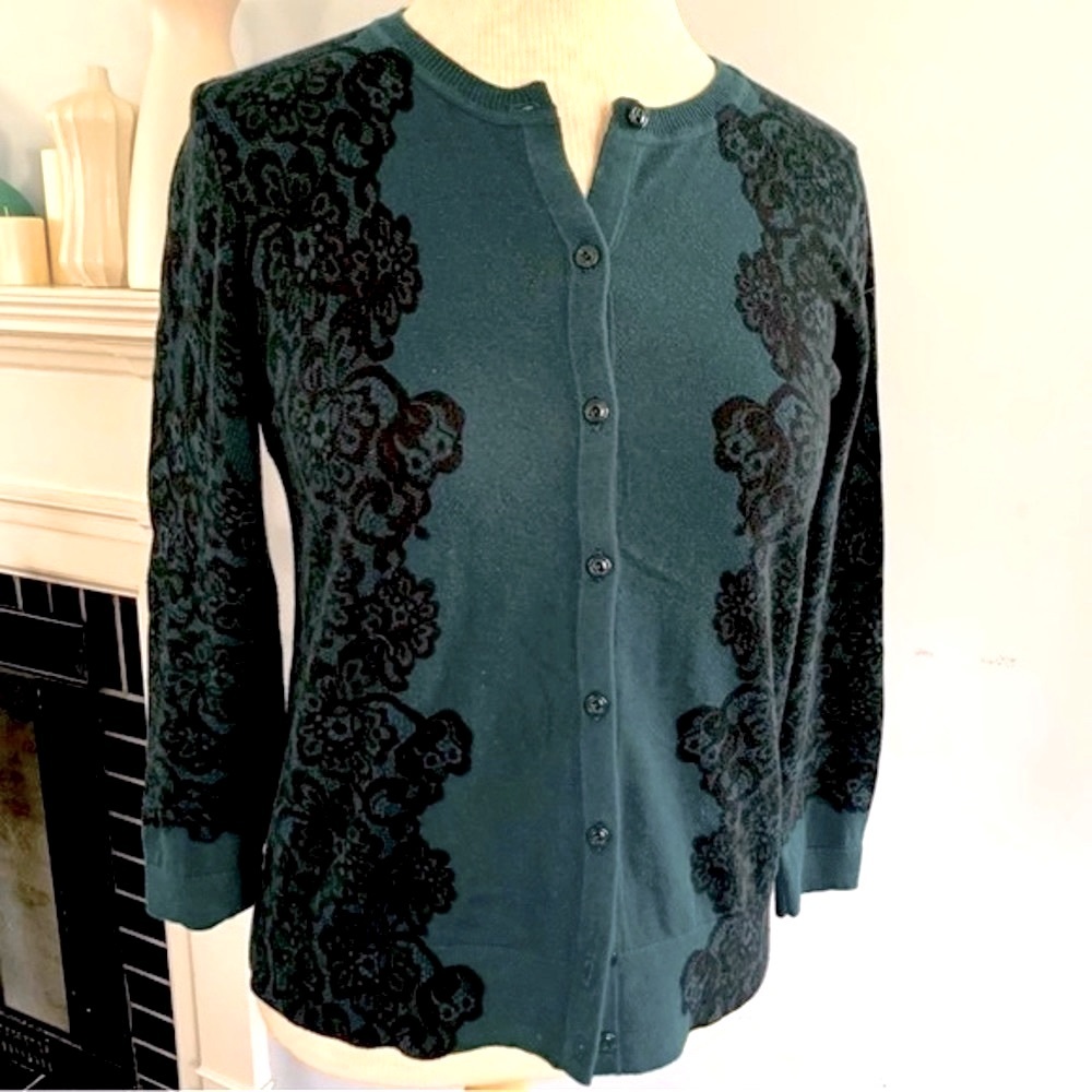 LOFT green & black lace printed cotton cardigan; derp green & faux lace Size Med